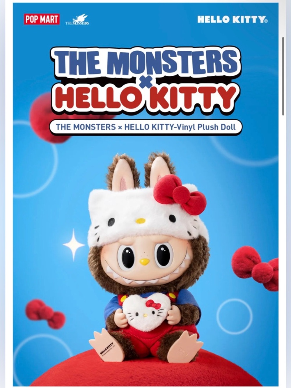Authentic POP MART The Monsters x Hello Kitty Plush - Brown & White with Red Bow